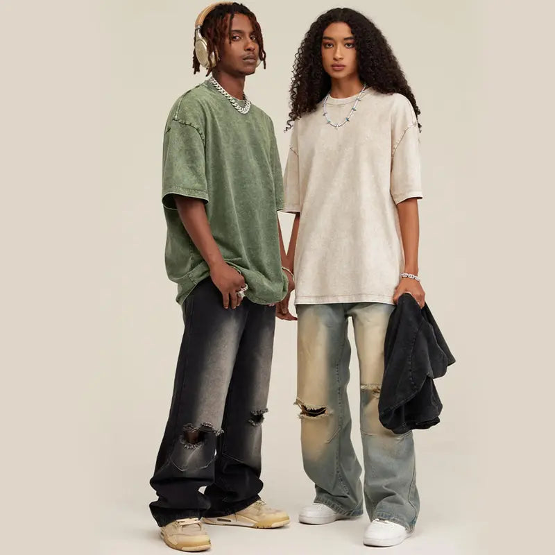 MoonYi 3 Pack Women's Oversized T Shirts Acid Wash Cotton Crew Neck Half Short Sleeve Summer Unisex Tees Casual Loose Fit Solid Streetwear Comfortable Tops Basic Womenswear Plain Tshirt
