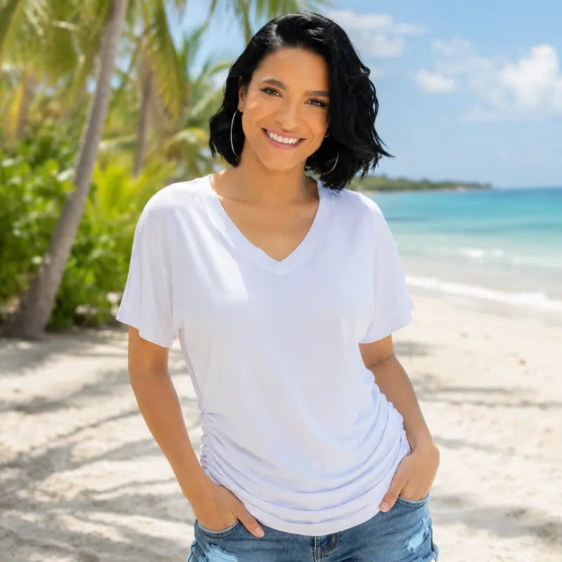 HOLLWI SwimWeek Womens Short Sleeve V Neck Dolman Tops with Side Shirring Loose Fit Shirts