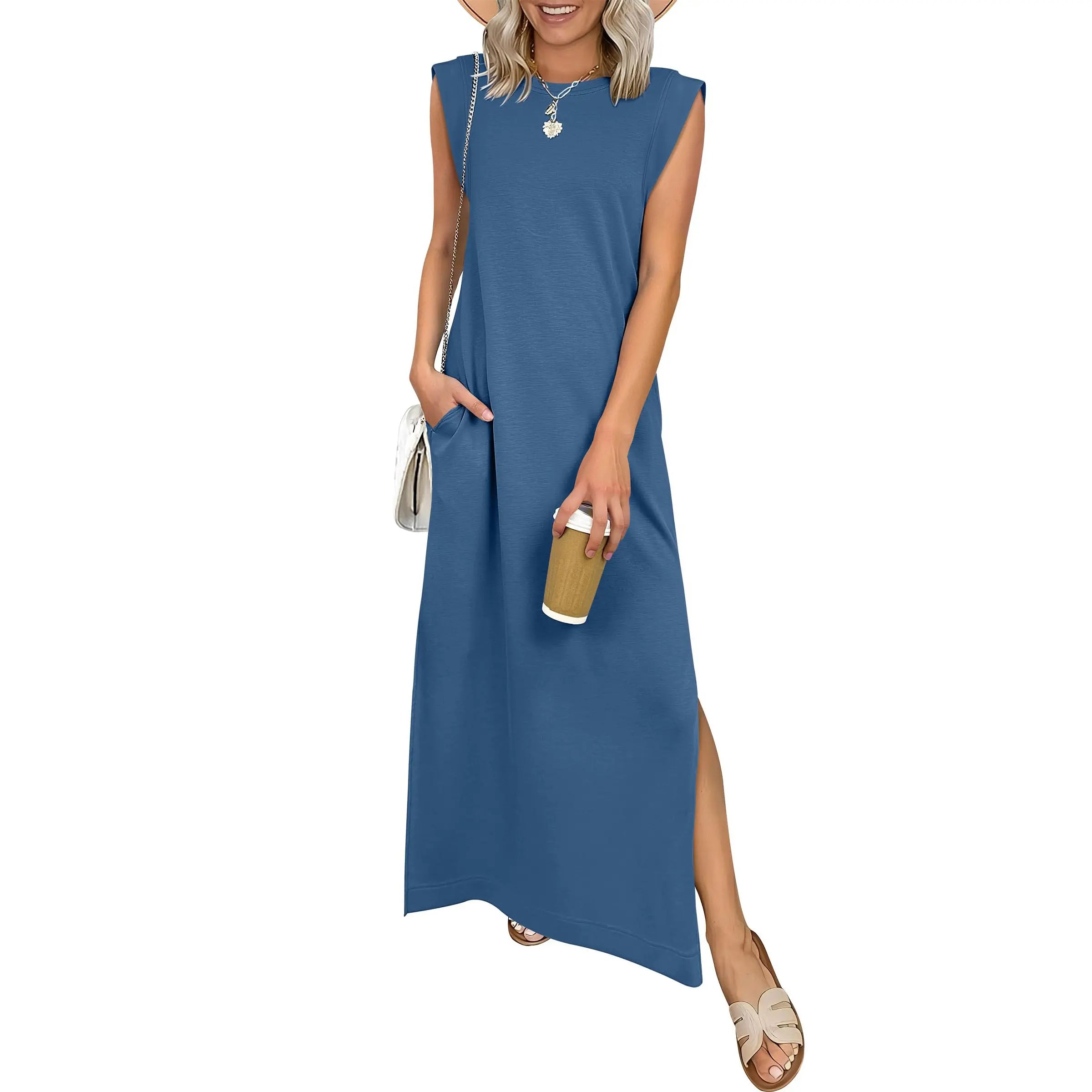 Women Summer Casual Sleeveless Maxi Dress 2026 Crewneck Loose Split Wrinkle-Free Beach Travel Vacation Long Sundress