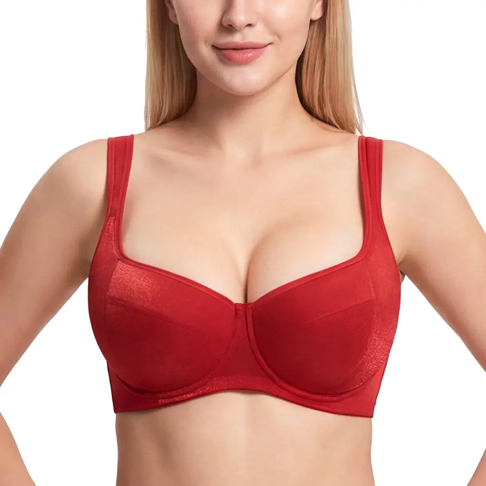 ISHA Starry Night 4mm Lightly Padded Plus Size Lifting Support Add 0.5-1 Cup Size Balconette Bra Underwire Glass Shimmer Fabric U Shaped Back Smoothing Wider Padded Straps Sexy Demi Low Cut Natural Push Up for Big Bust Women Daily Lingerie