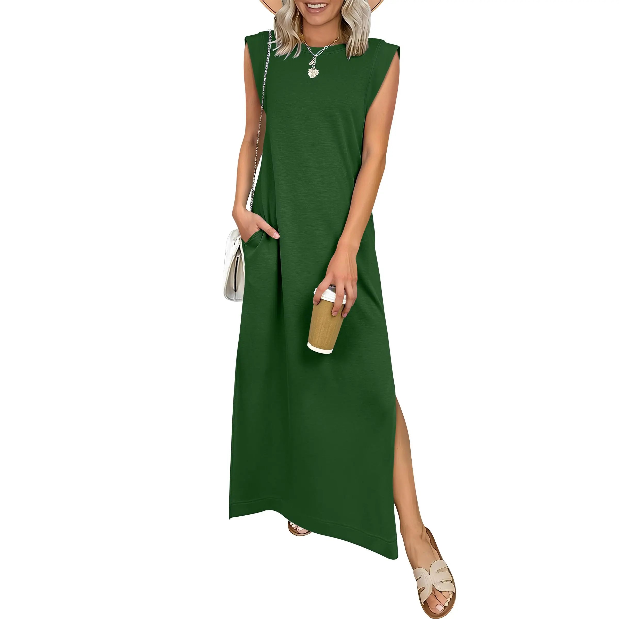 Women Summer Casual Sleeveless Maxi Dress 2026 Crewneck Loose Split Wrinkle-Free Beach Travel Vacation Long Sundress