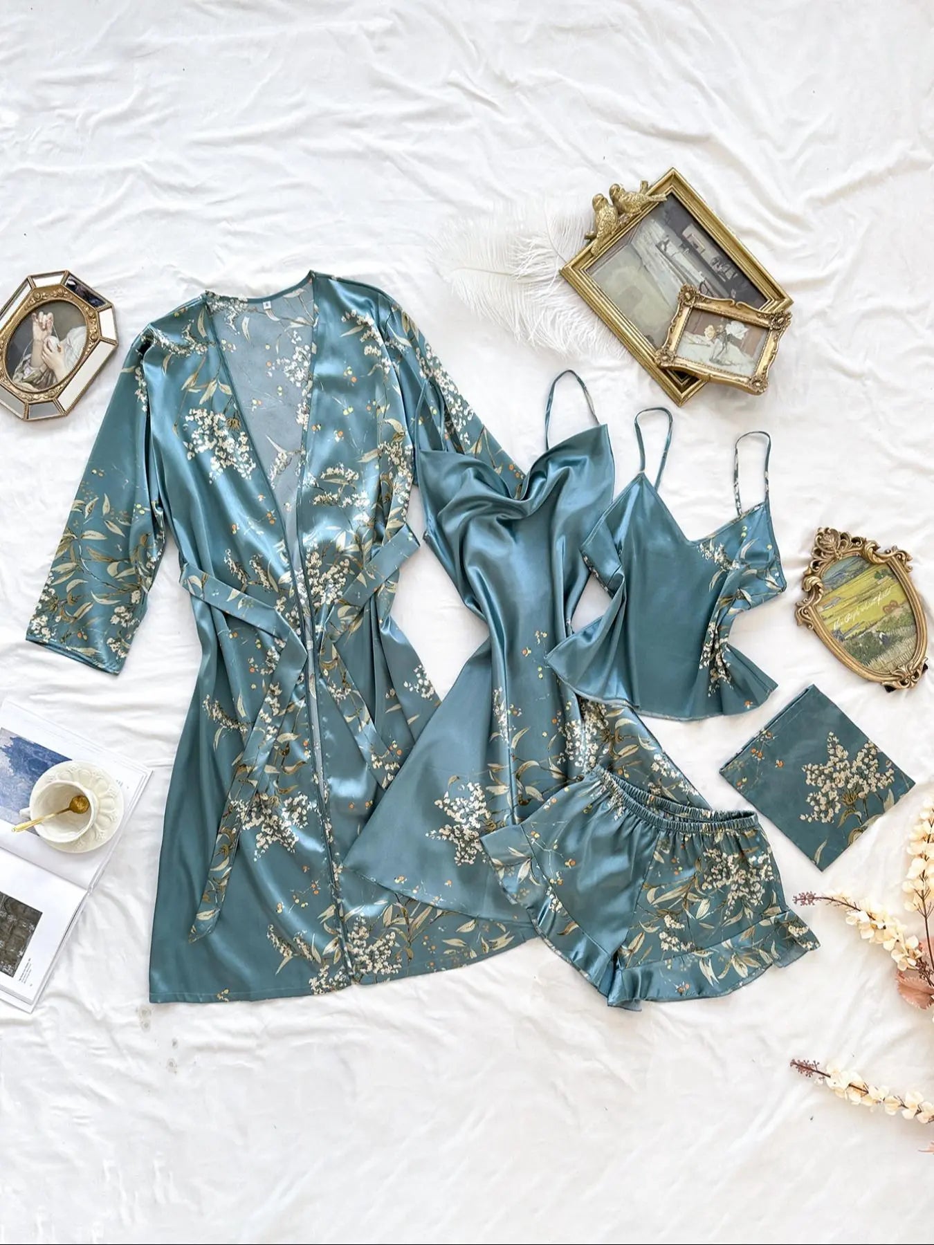 Women's Floral Plant Print Satin Pajama Set (Pjs) with Belted Robe, Cowl Neck Cami Nightdress, Backless Cami Top, Elastic Waist Shorts & Storage Bag, Casual Comfortable Women's Sleepwear & Loungewear Camisole Sets Lingerie