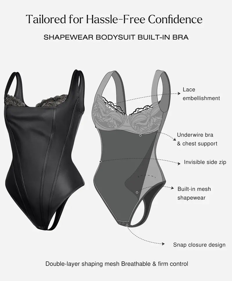【Runs Small】Popilush Basic Faux Leather Corset Top Supportive Shapewear Bodysuit Lingerie Lace Trim Tummy Control Bustier Sleeveless Womenswear Summervibe