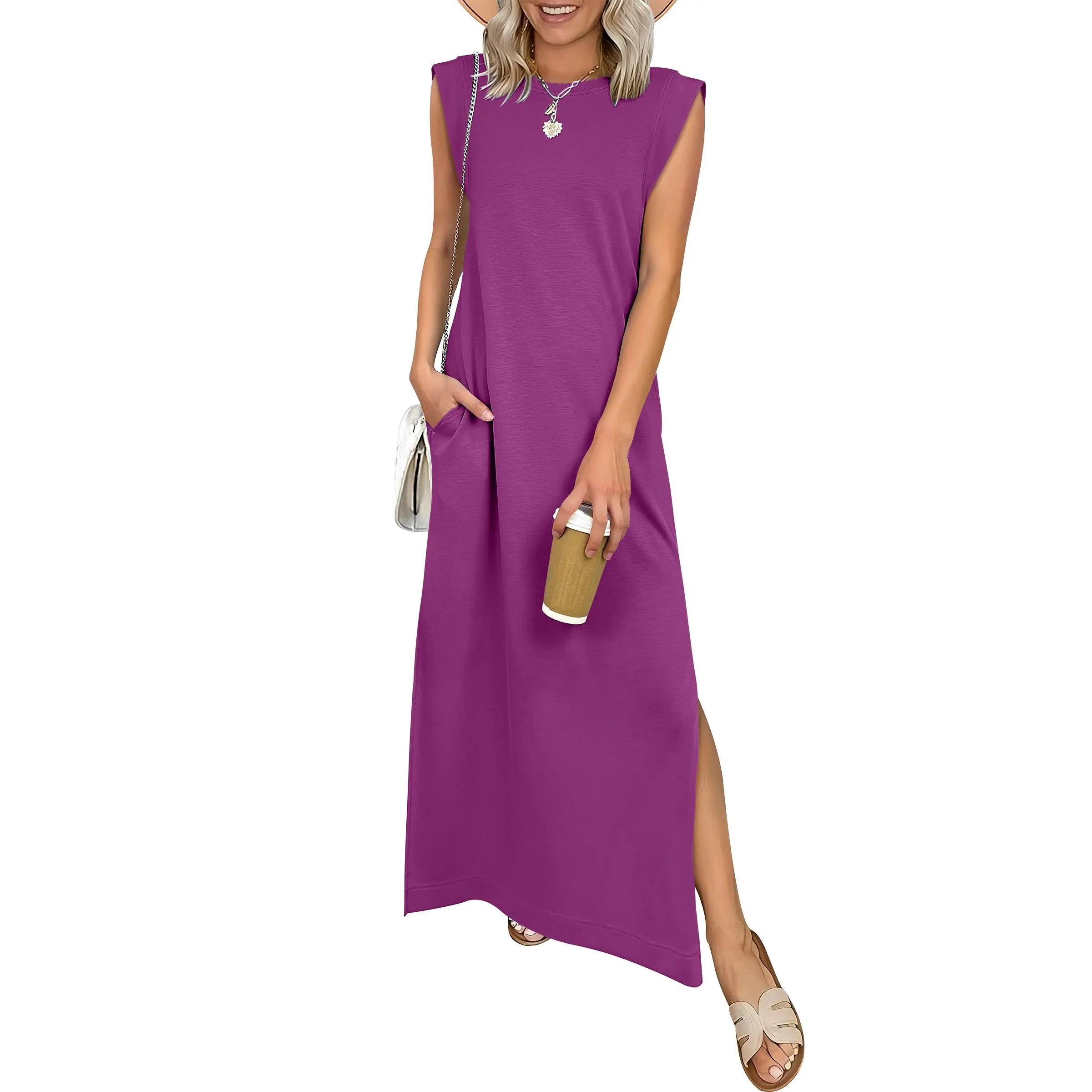 Women Summer Casual Sleeveless Maxi Dress 2026 Crewneck Loose Split Wrinkle-Free Beach Travel Vacation Long Sundress