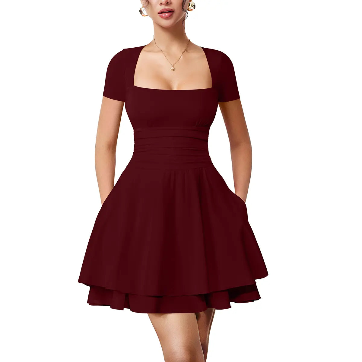 Women's Casual Square Neck Ruffle Hem Mini Dress Short Sleeve Short Party Dresses With Pockets