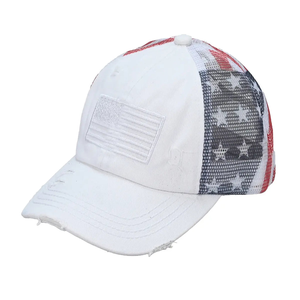 C.C Patriotic Adjustable Women’s Baseball Cap Cotton Brushed Embroidered Hat with Criss-Cross Elastic Band American Flag Mesh Back Durable Accessory Fit Perfect for Memorial day and July 4th