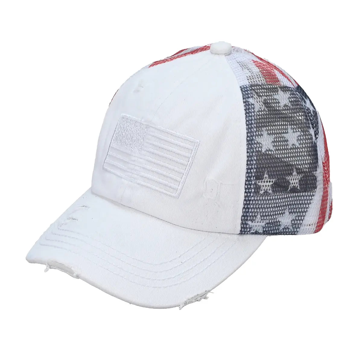 C.C Patriotic Adjustable Women’s Baseball Cap Cotton Brushed Embroidered Hat with Criss-Cross Elastic Band American Flag Mesh Back Durable Accessory Fit Perfect for Memorial day and July 4th