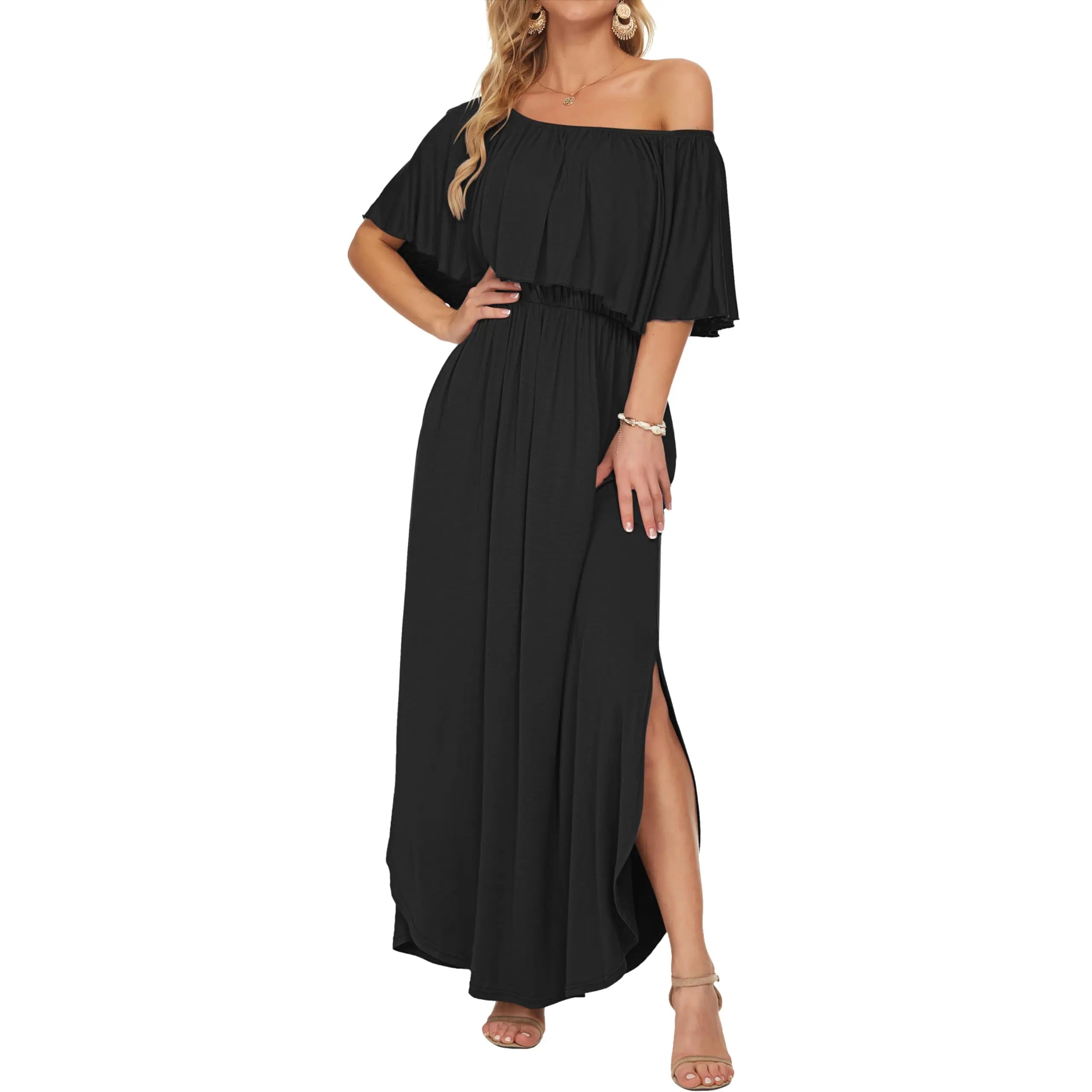 Women's Plus Size Off The Shoulder Dress Wedding Guest Dress Summer Casual Long Ruffle Party Side Split Beach Maxi Dresses with Pockets