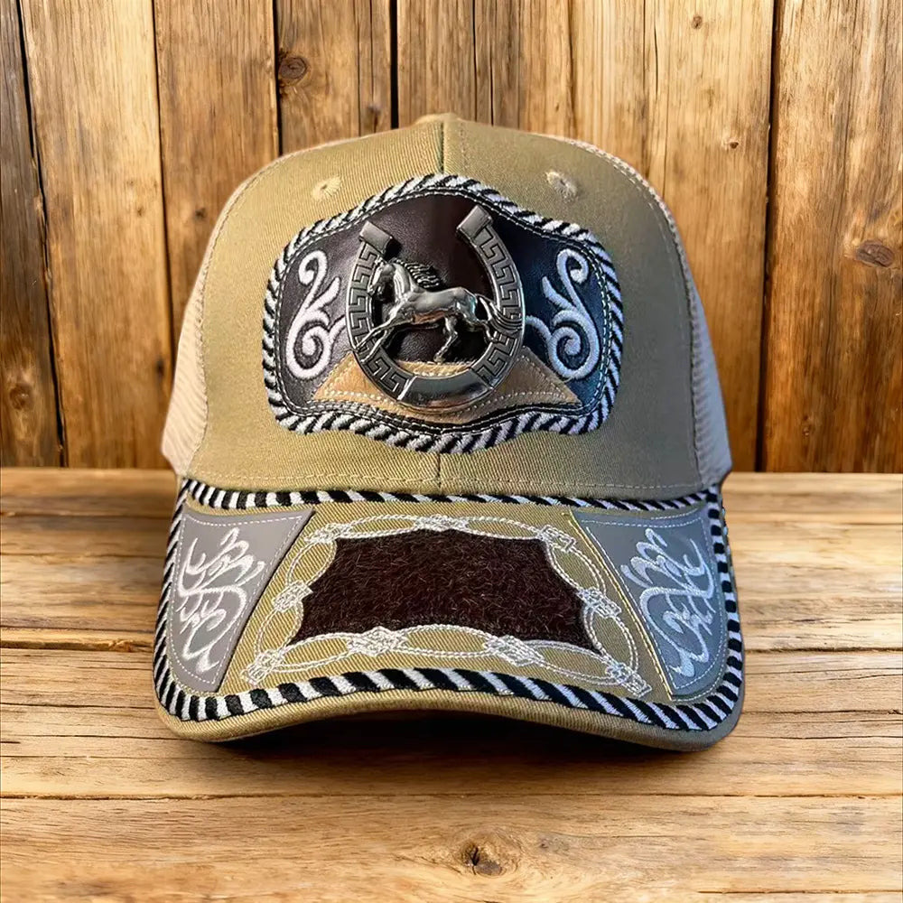 Western Trucker Hat für Herren Damen Vintage Cowboy Country Hüte mit Hufeisen-Stickerei & Snapback Passform für Western-Outfit