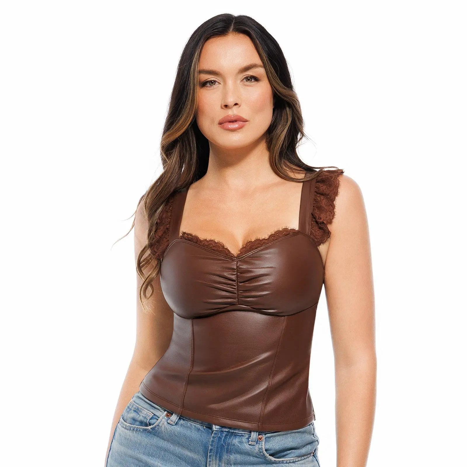 【Runs Small】Popilush Basic Faux Leather Corset Top Supportive Shapewear Bodysuit Lingerie Lace Trim Tummy Control Bustier Sleeveless Womenswear Summervibe