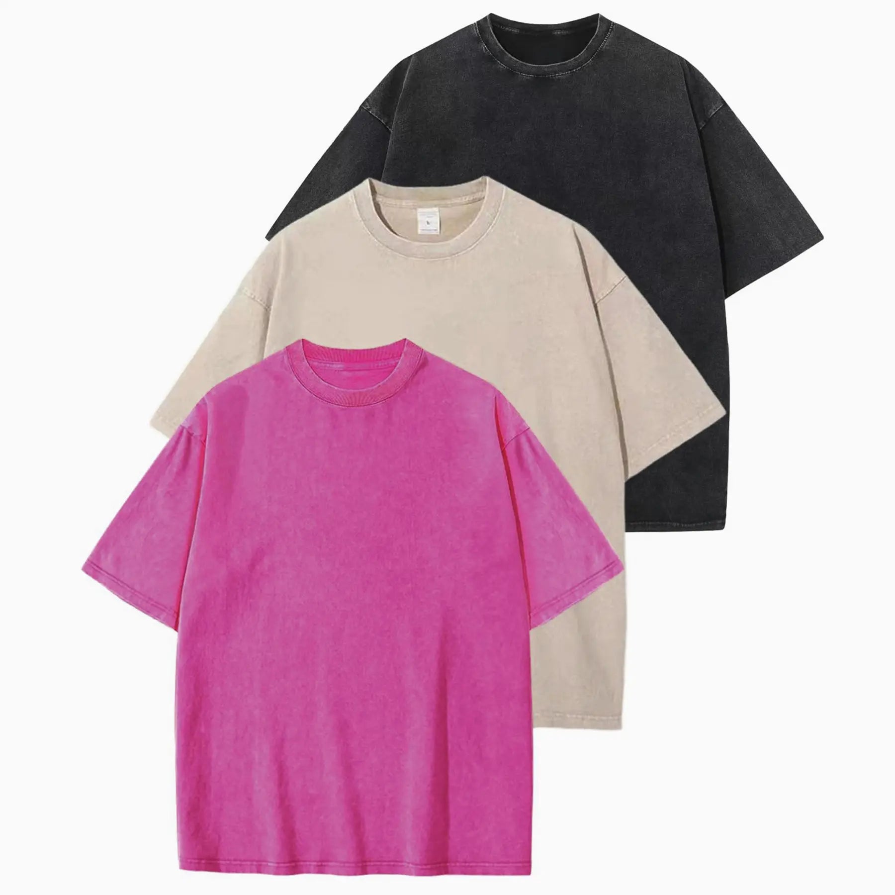 MoonYi 3 Pack Women's Oversized T Shirts Acid Wash Cotton Crew Neck Half Short Sleeve Summer Unisex Tees Casual Loose Fit Solid Streetwear Comfortable Tops Basic Womenswear Plain Tshirt