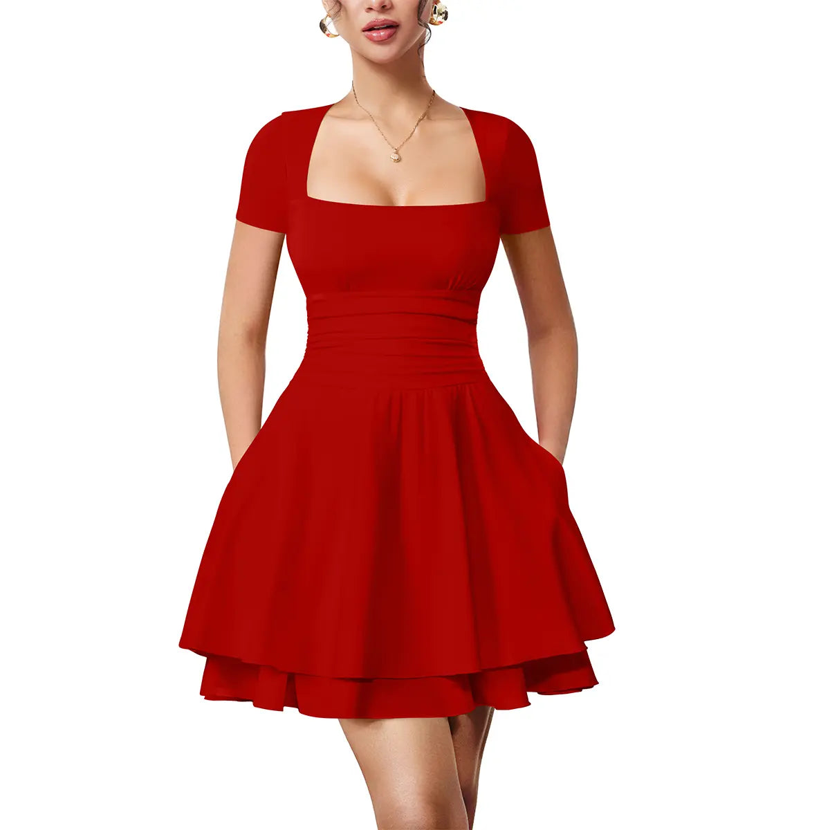 Women's Casual Square Neck Ruffle Hem Mini Dress Short Sleeve Short Party Dresses With Pockets