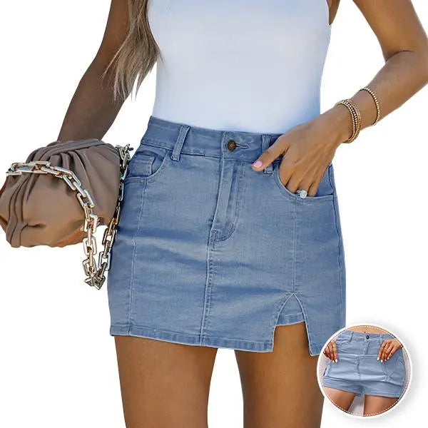 luvamia Skorts Skirts for Women Denim Mini Casual Oversize Skirt Side Slit with High Waisted Jean Shorts Stretchy
