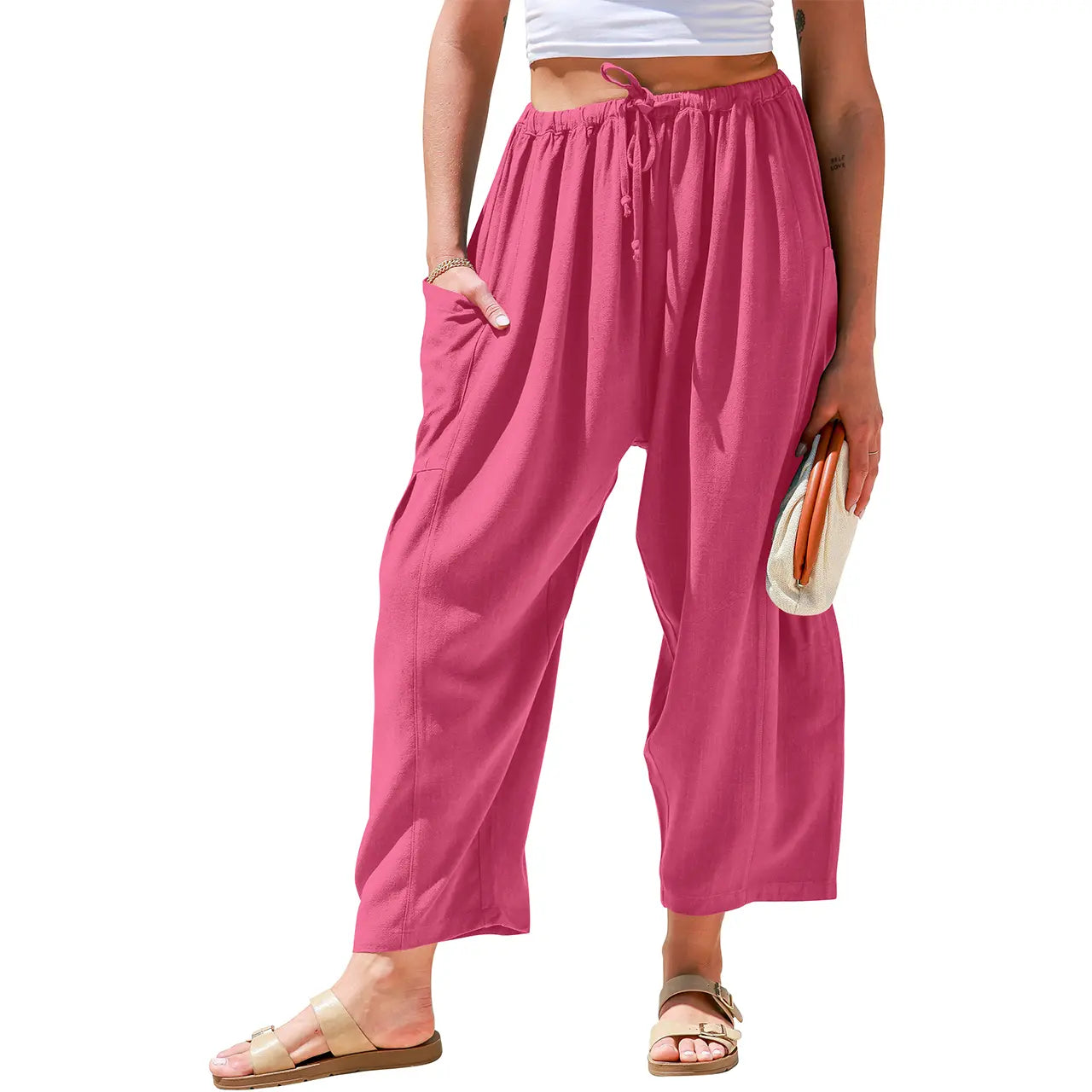TARES Womens Linen Blend Wide Leg Pants Oversize Casual Loose Fit Beach Palazzo Harem Pants with Pockets Vacation summer outfits Womenswear