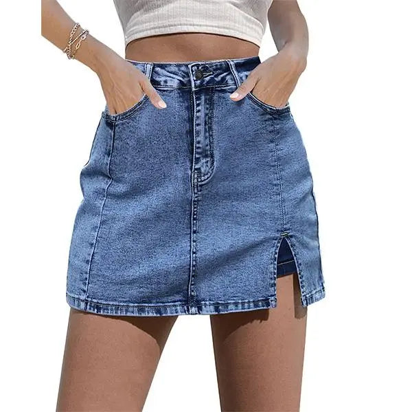 luvamia Skorts Skirts for Women Denim Mini Casual Oversize Skirt Side Slit with High Waisted Jean Shorts Stretchy