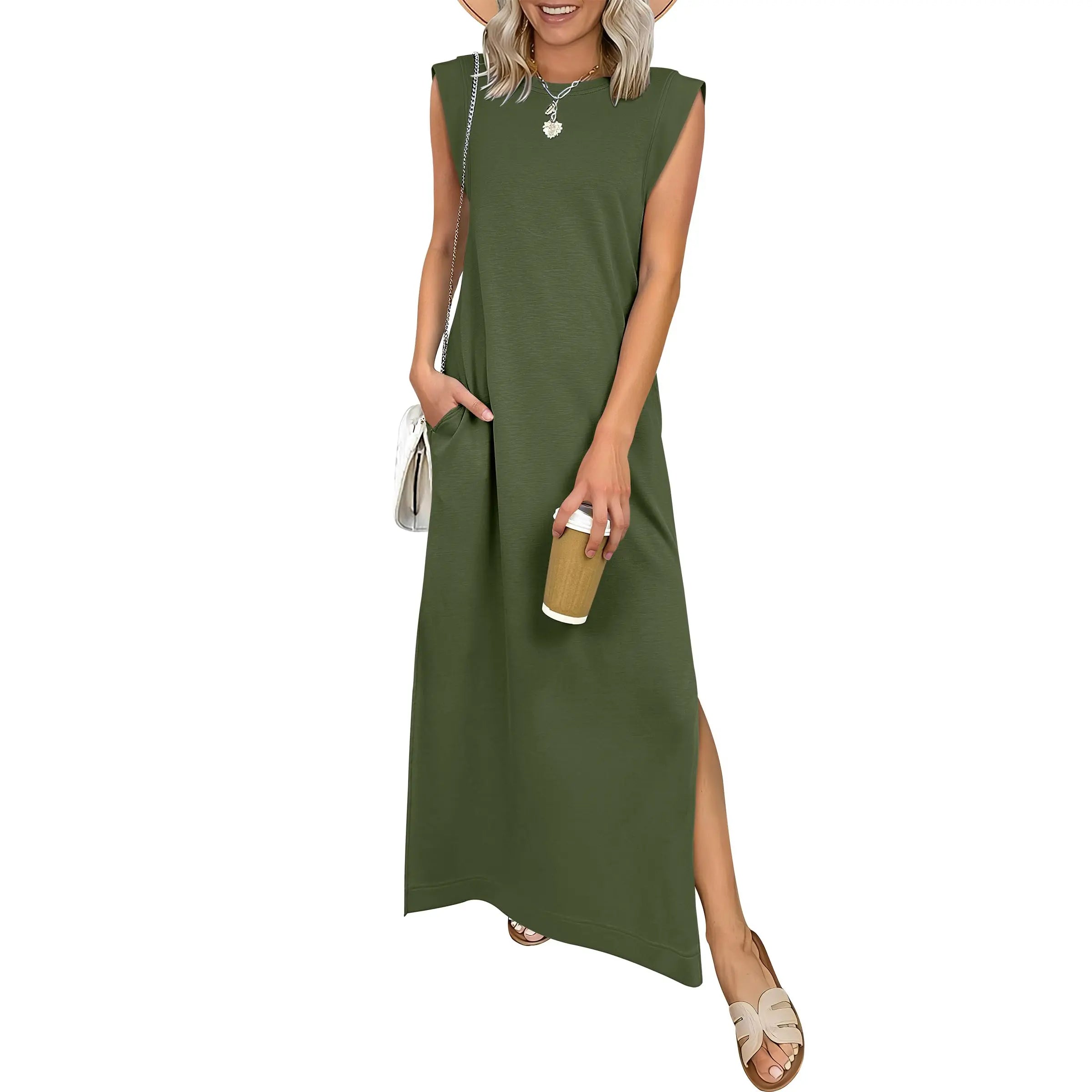 Women Summer Casual Sleeveless Maxi Dress 2026 Crewneck Loose Split Wrinkle-Free Beach Travel Vacation Long Sundress