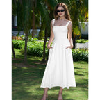 Women's Casual Sleeveless Square Neck A-Line Solid Slim Flowy Long Dress with Pockets & Back Tie Detail Design