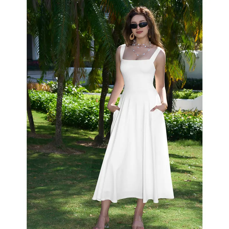 Women's Casual Sleeveless Square Neck A-Line Solid Slim Flowy Long Dress with Pockets & Back Tie Detail Design