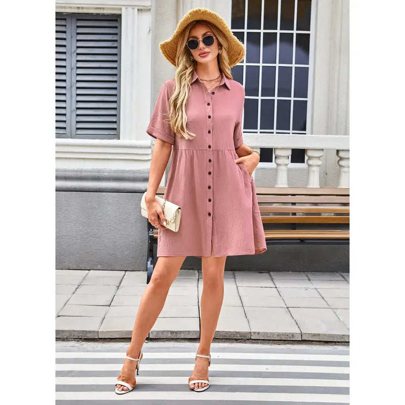 Babydoll-Kleid für Damen, Kurzarm, geknöpft, strukturiert, nicht anliegend, locker sitzend, fließendes Minikleid mit Taschen, Sommerkleid 2026 neu