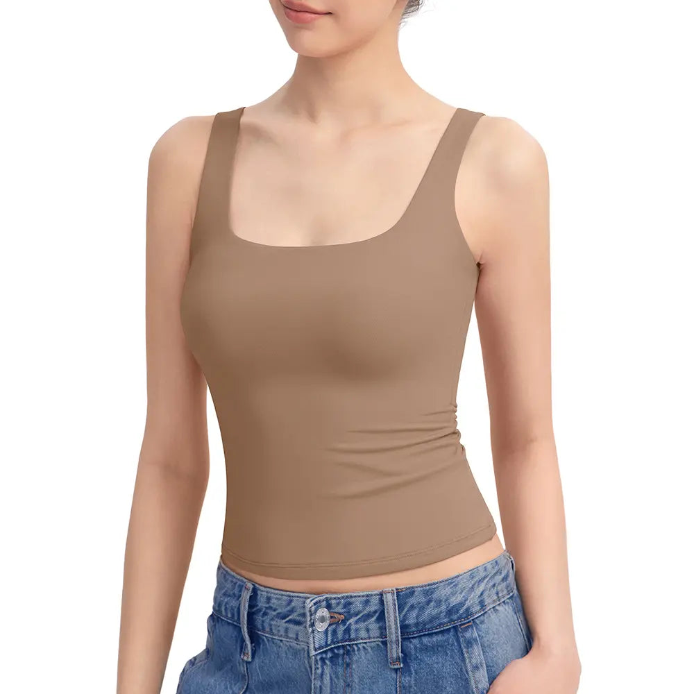 Women's Square Neck Tank Top, Wide Strap Buttery Soft Cami, Double Layer Stretchy Top, Comfortable Everyday Essential summerwins