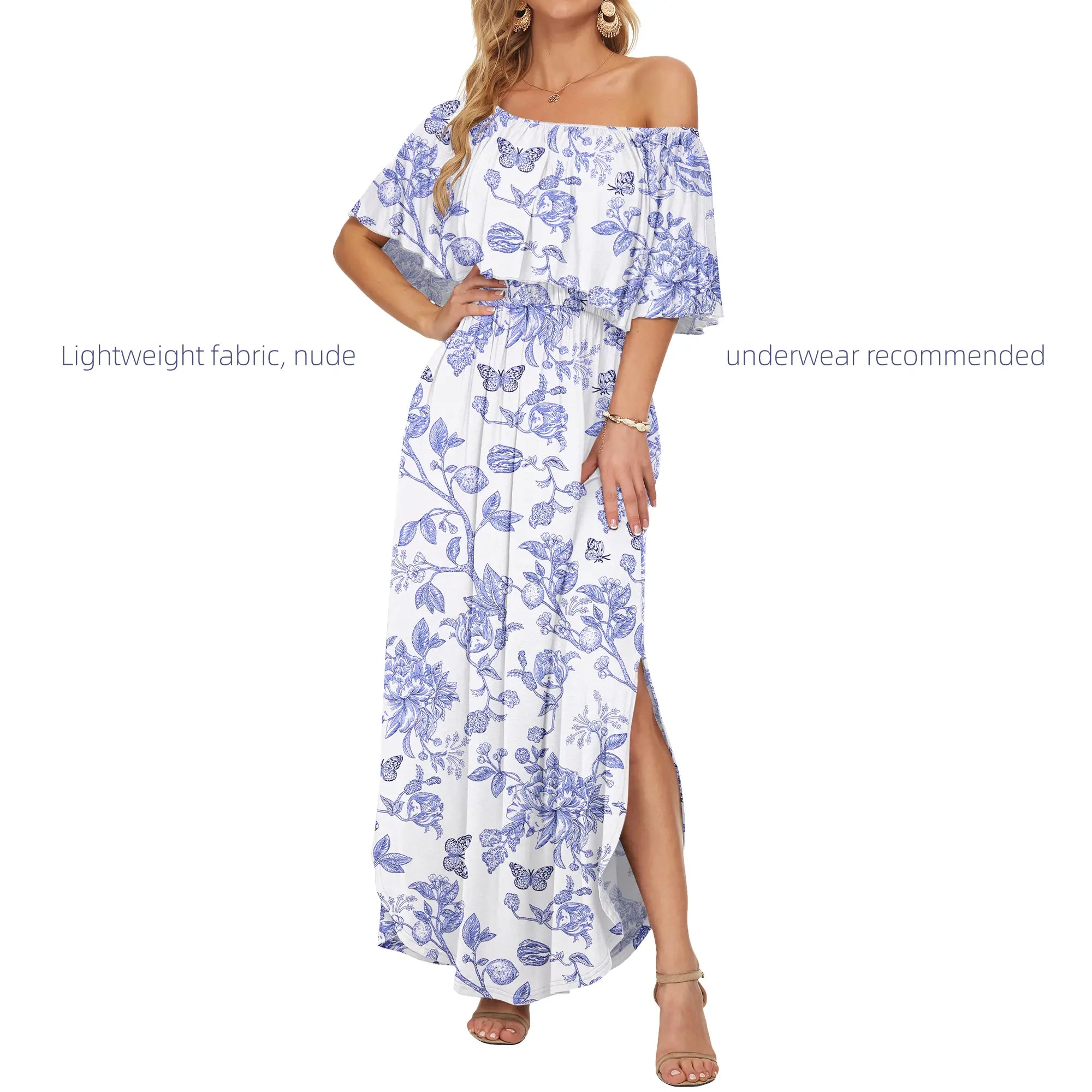 Women's Plus Size Off The Shoulder Dress Wedding Guest Dress Summer Casual Long Ruffle Party Side Split Beach Maxi Dresses with Pockets