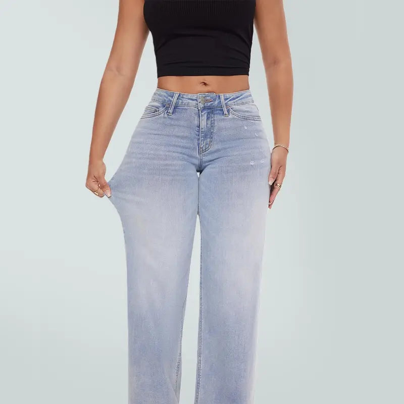 Magic SOONE Mid-low Rise Baggy Jeans Stretchy Wide Leg for Women Distressed Pants Womenswear Bottom 8001 Lady Basic Minimalist Comfortable Denim Tummy Control Curve Hugging Plus Size Regular Size BBL Spring Fashion Daily Outfits