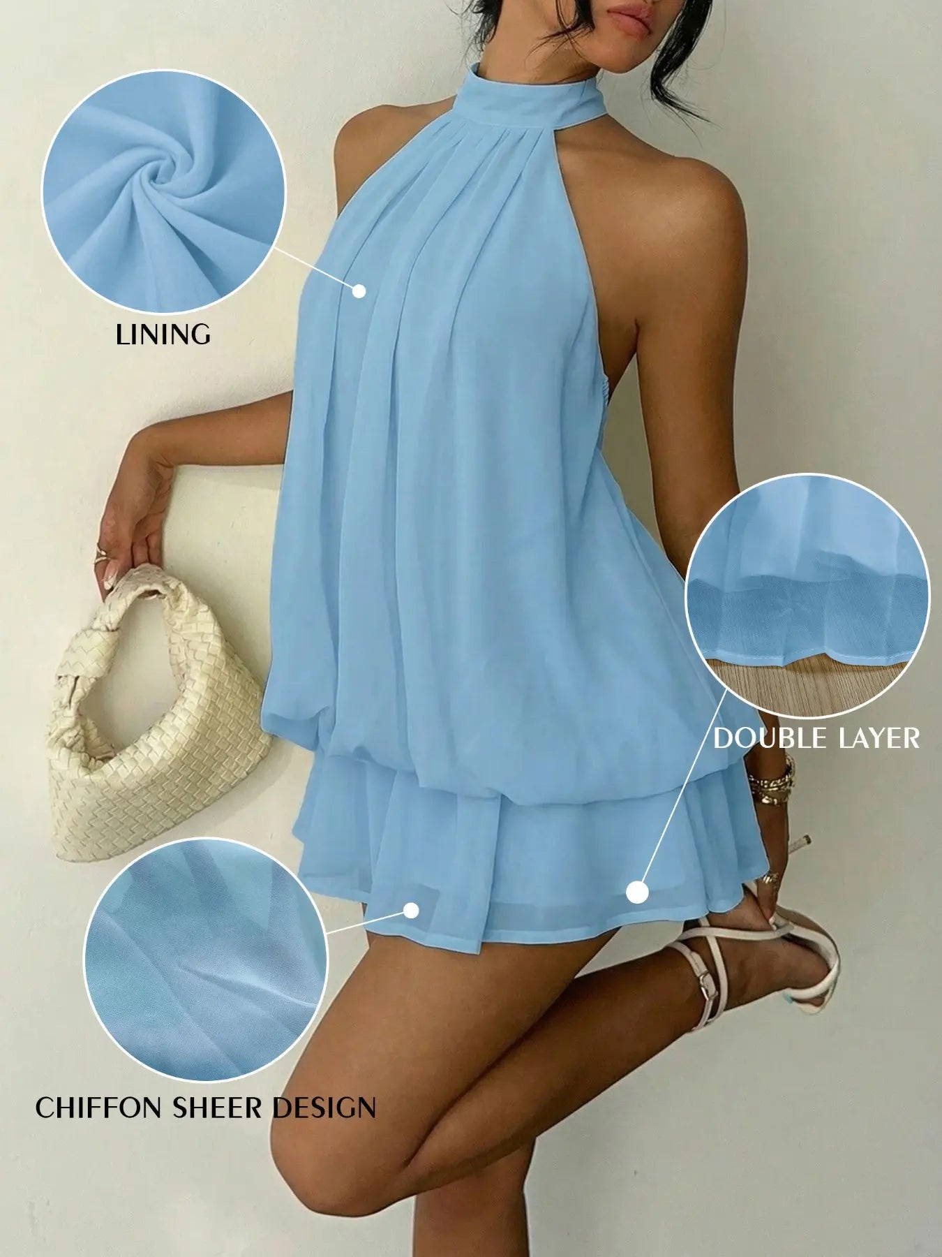 Women's Summer Fashion Party Halter Neck Tie Back Mini Dress, Slim-Fitting Casual Chic Elegant Short Sleeveless Dress for Home Outdoor City Style Elegant Dresses