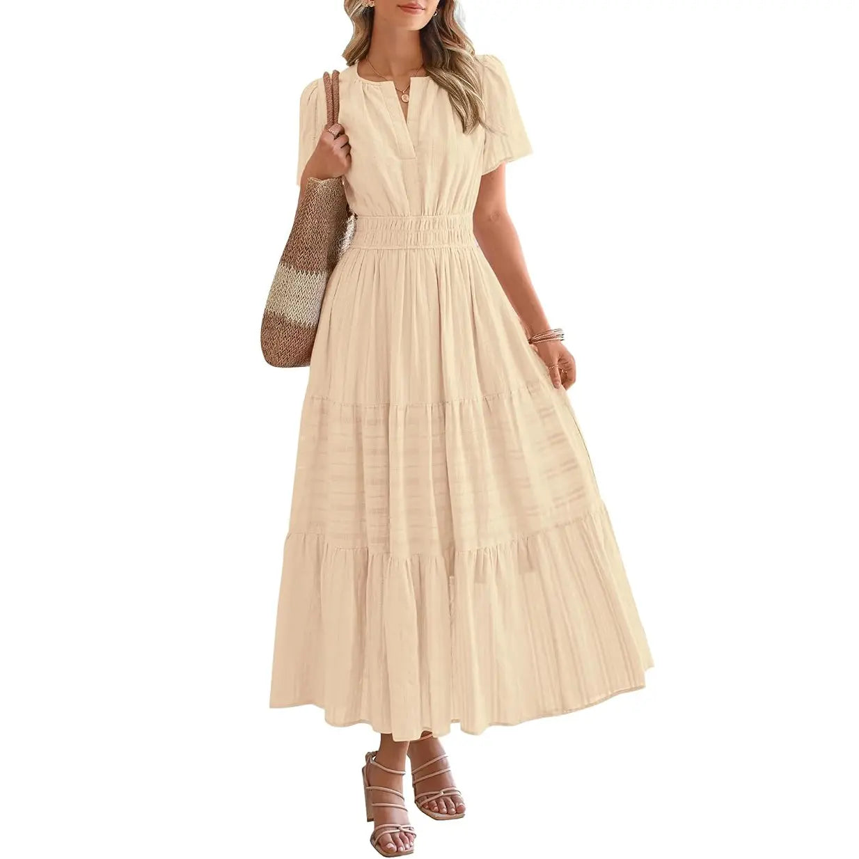 Women's Summer 2026 Casual Maxi Dress Lightweight Short Sleeve V Neck Boho Dress with Pockets