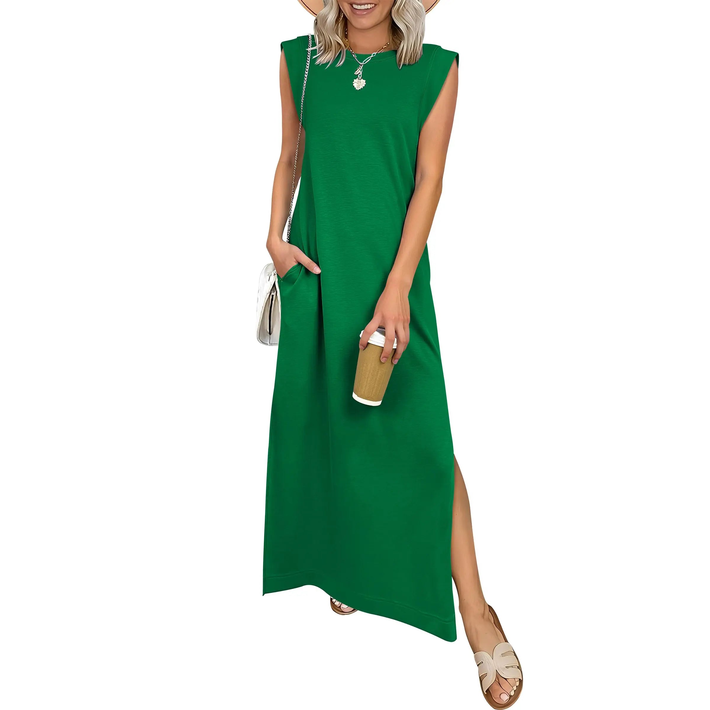 Women Summer Casual Sleeveless Maxi Dress 2026 Crewneck Loose Split Wrinkle-Free Beach Travel Vacation Long Sundress