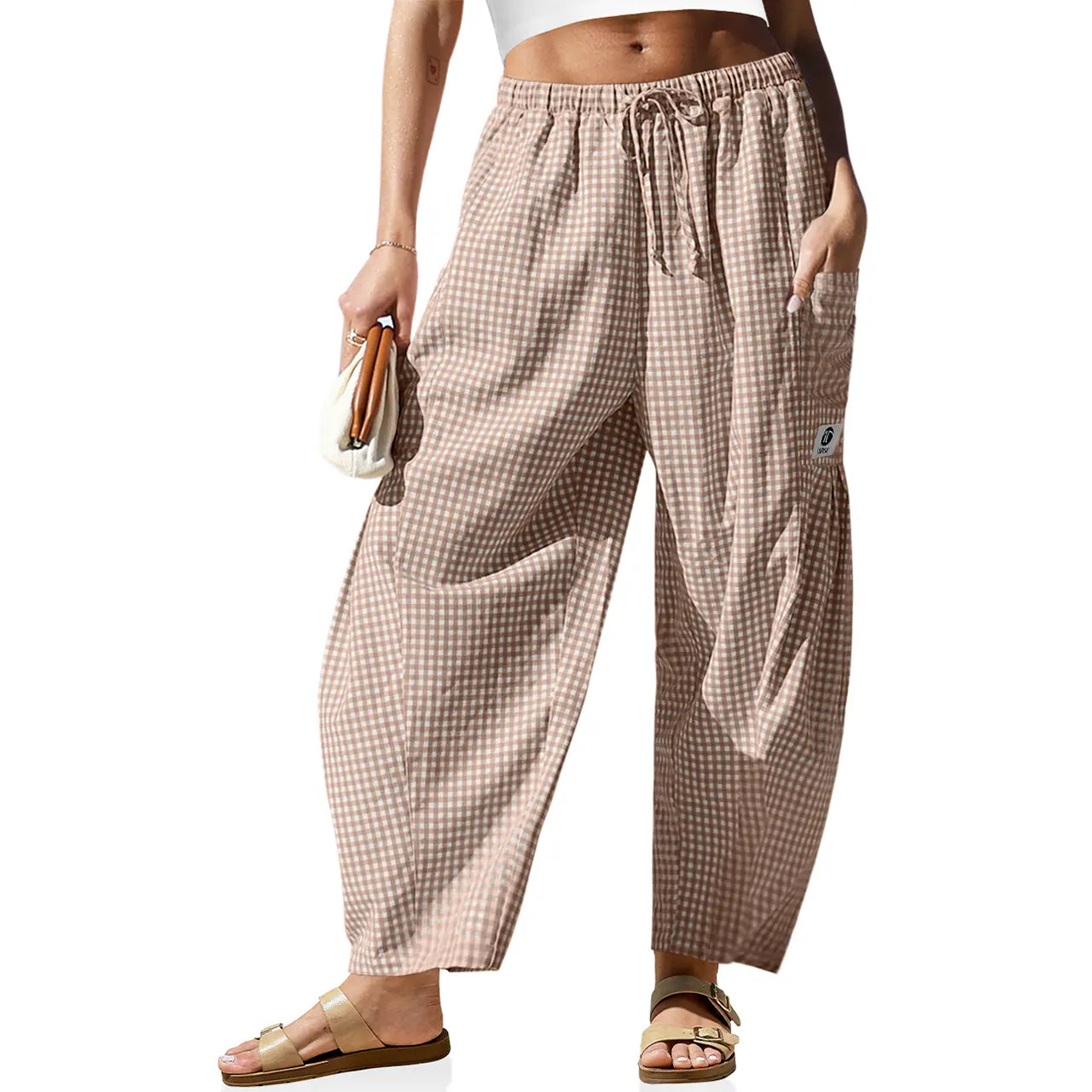 【SS26 Kollektion】Damen Weite Hose Gestreifte Karohose Freizeit Barrel Loose Kordelzug Niedrige Taille Palazzo Haremshose mit Taschen