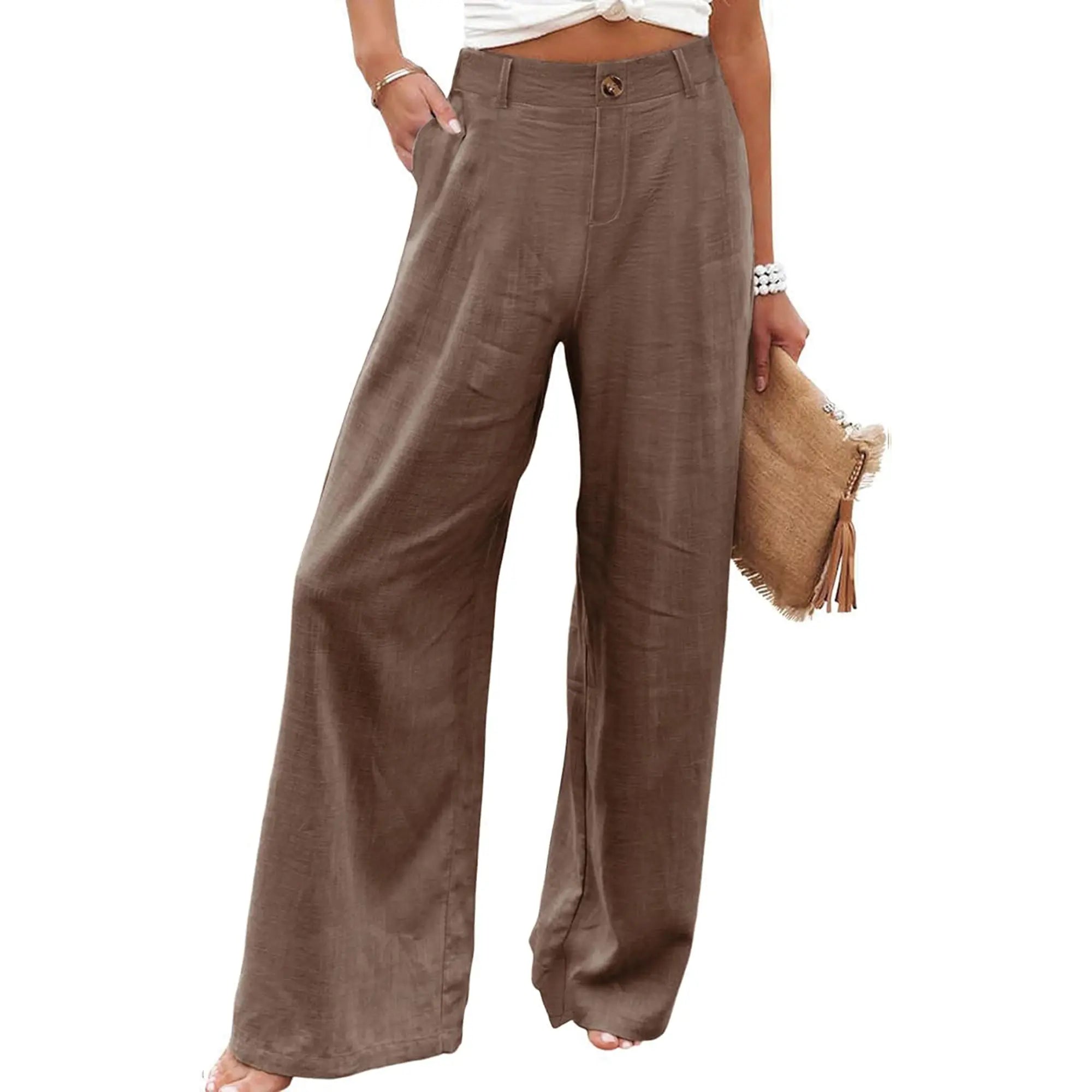 Tanming Damen Baumwoll-Leinen-Hose Freizeit-Knopfhose mit hoher Taille Weites Bein Hose Minimalistisch Basic Atmungsaktiver Stoff Lässige Weite Bequeme Sommer Strandhose,summerwins