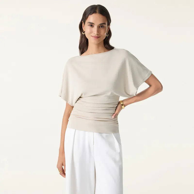 OGL Effortless Boatneck Batwing Sleeve Side Ruched Top - Stylish & Comfortable Women's Fashion baju kelawar outfit Quiet Luxury Essential cute spring clothes women's summer tops tiktokshopmemorialday summerwins
