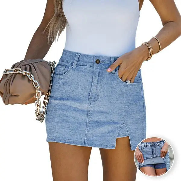luvamia Skorts Skirts for Women Denim Mini Casual Oversize Skirt Side Slit with High Waisted Jean Shorts Stretchy
