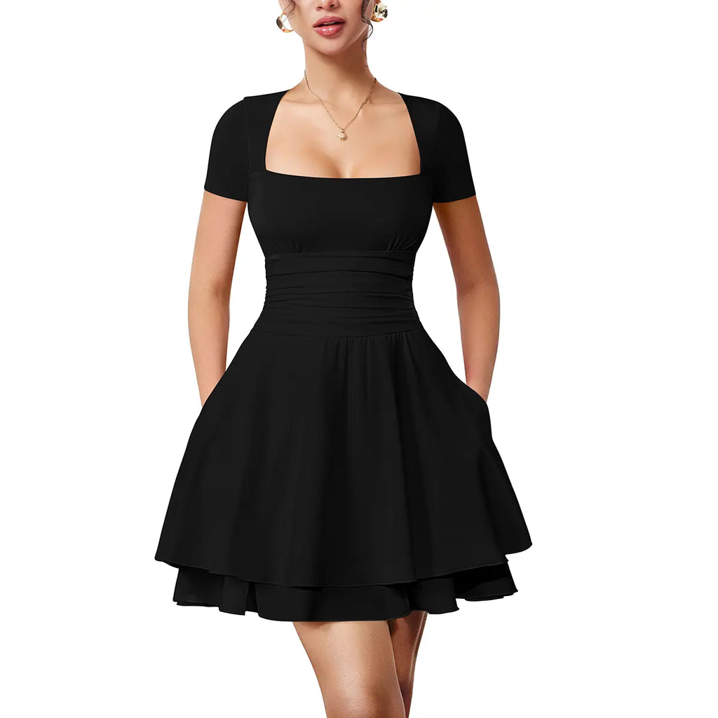 Women's Casual Square Neck Ruffle Hem Mini Dress Short Sleeve Short Party Dresses With Pockets