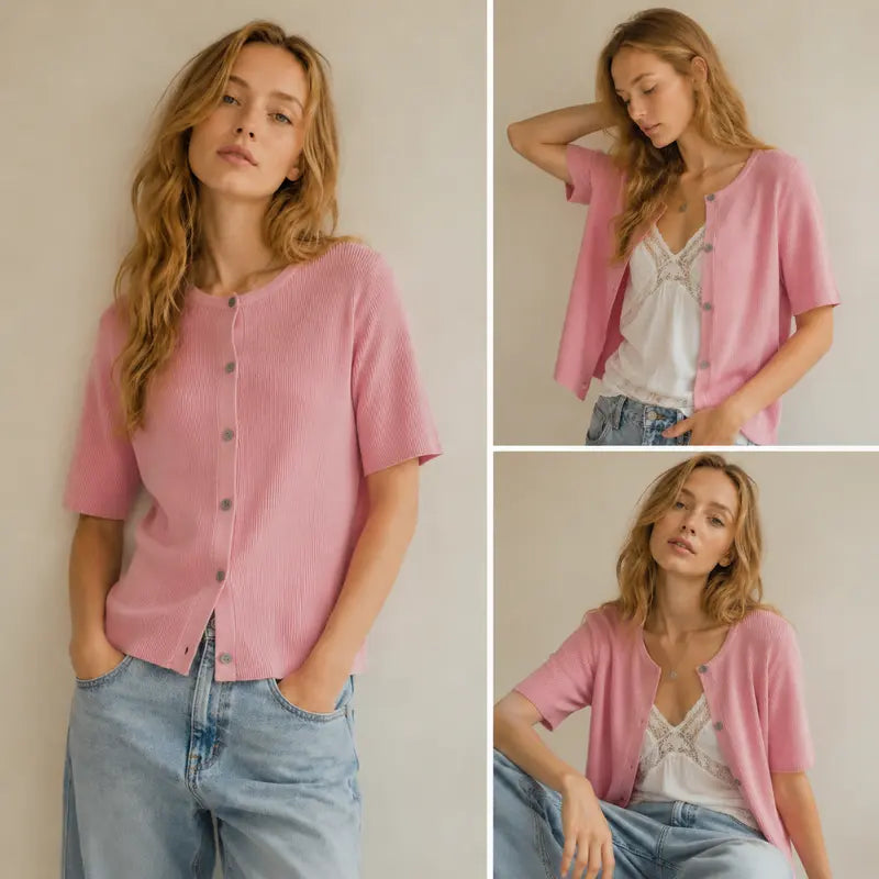 Tanming Women's Short Sleeve Cardigan Sweater - Crew Neck, Soft Ribbed Knitting Fabric, Button-Down, Fitted, Lightweight Breathable Clothes for Casual Office, Spring Summer Layering Cover Up (Women's Tops) #SpringStatements