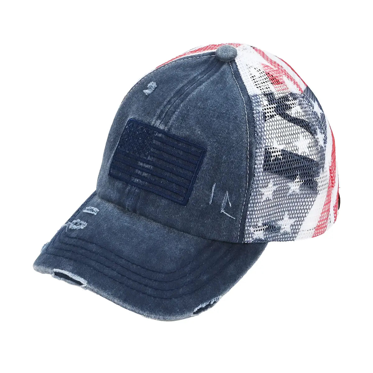 C.C Patriotic Verstellbare Baseballkappe für Damen, gebürstete Baumwolle, bestickt, mit überkreuztem Gummiband, amerikanischer Flaggen-Mesh-Rücken, strapazierfähiges Accessoire, perfekt für den Memorial Day und den 4. Juli