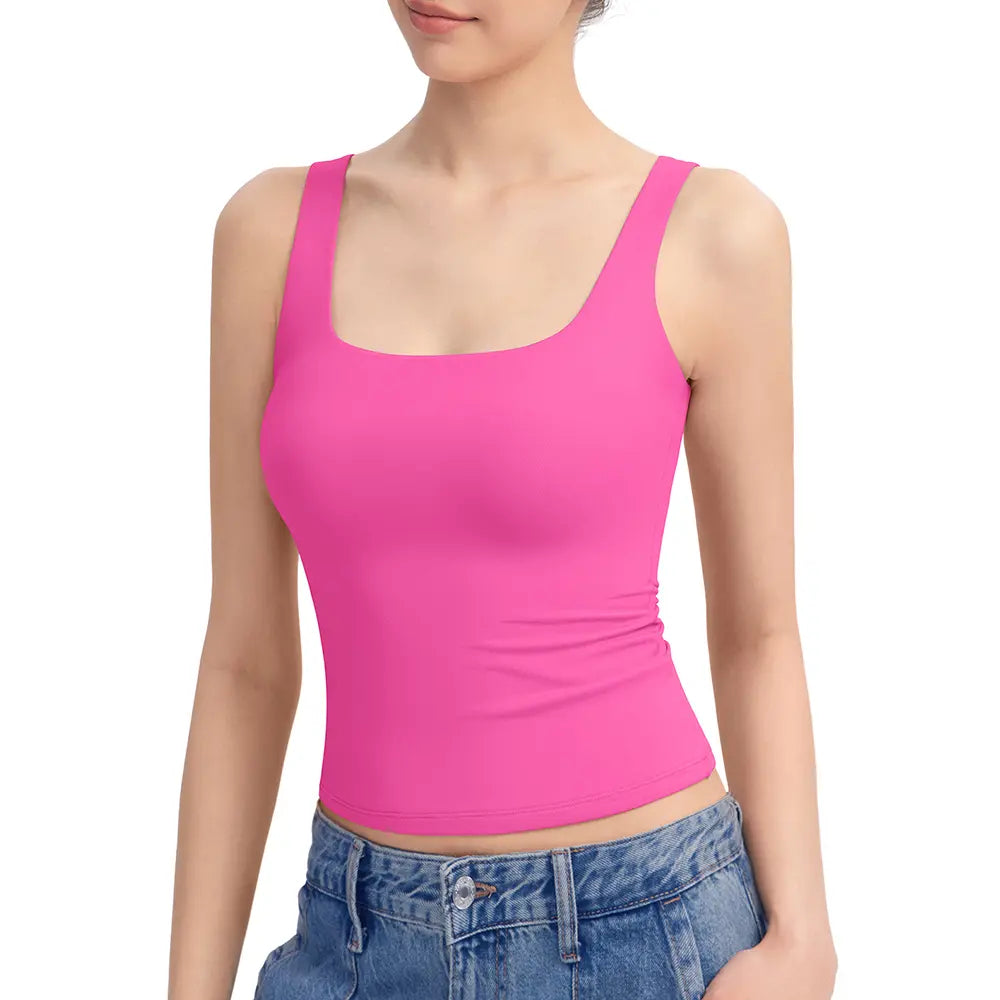 Women's Square Neck Tank Top, Wide Strap Buttery Soft Cami, Double Layer Stretchy Top, Comfortable Everyday Essential summerwins