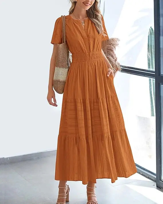 Women's Summer 2026 Casual Maxi Dress Lightweight Short Sleeve V Neck Boho Dress with Pockets