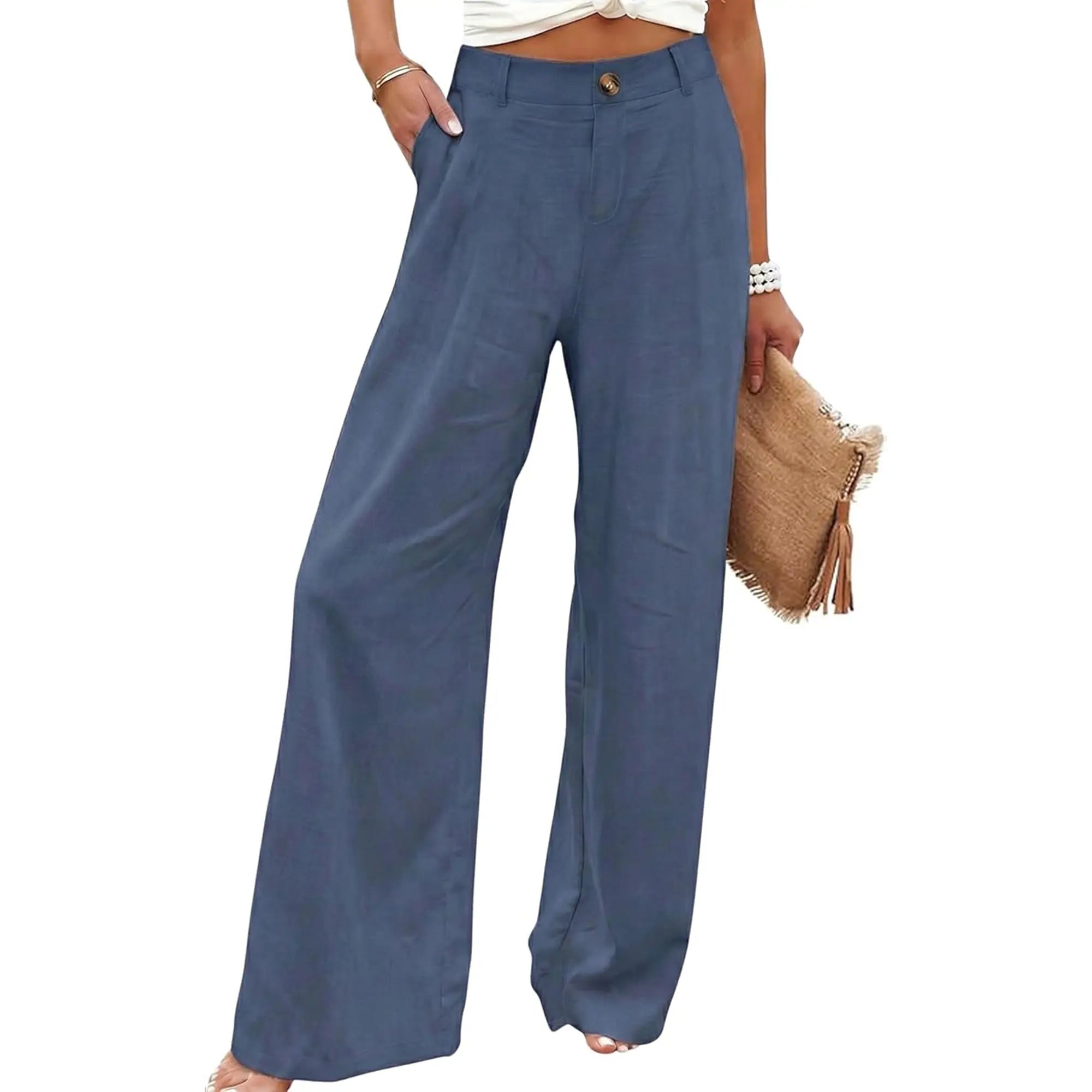 Tanming Damen Baumwoll-Leinen-Hose Freizeit-Knopfhose mit hoher Taille Weites Bein Hose Minimalistisch Basic Atmungsaktiver Stoff Lässige Weite Bequeme Sommer Strandhose,summerwins