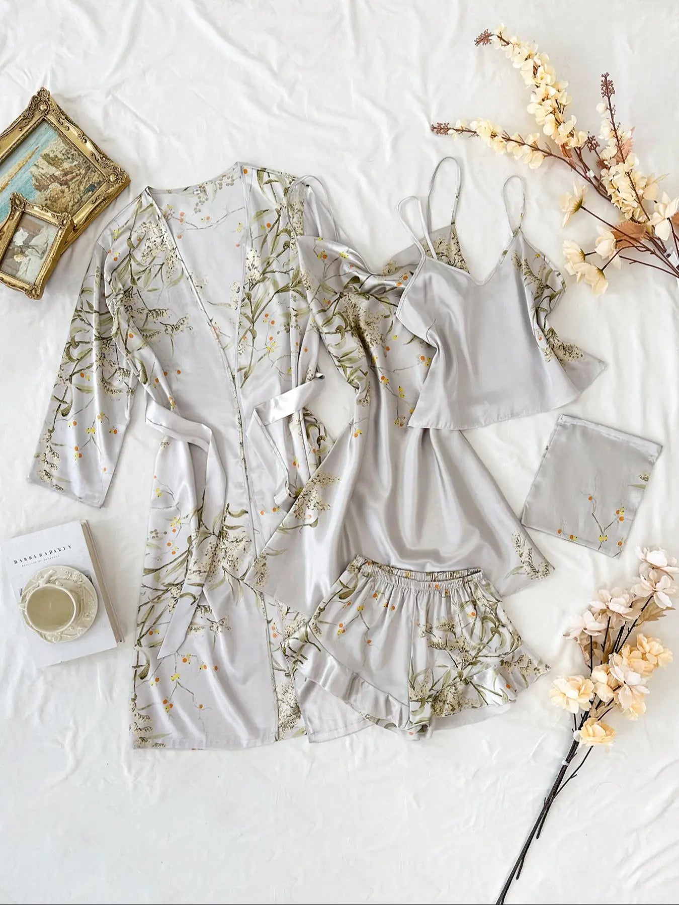 Women's Floral Plant Print Satin Pajama Set (Pjs) with Belted Robe, Cowl Neck Cami Nightdress, Backless Cami Top, Elastic Waist Shorts & Storage Bag, Casual Comfortable Women's Sleepwear & Loungewear Camisole Sets Lingerie