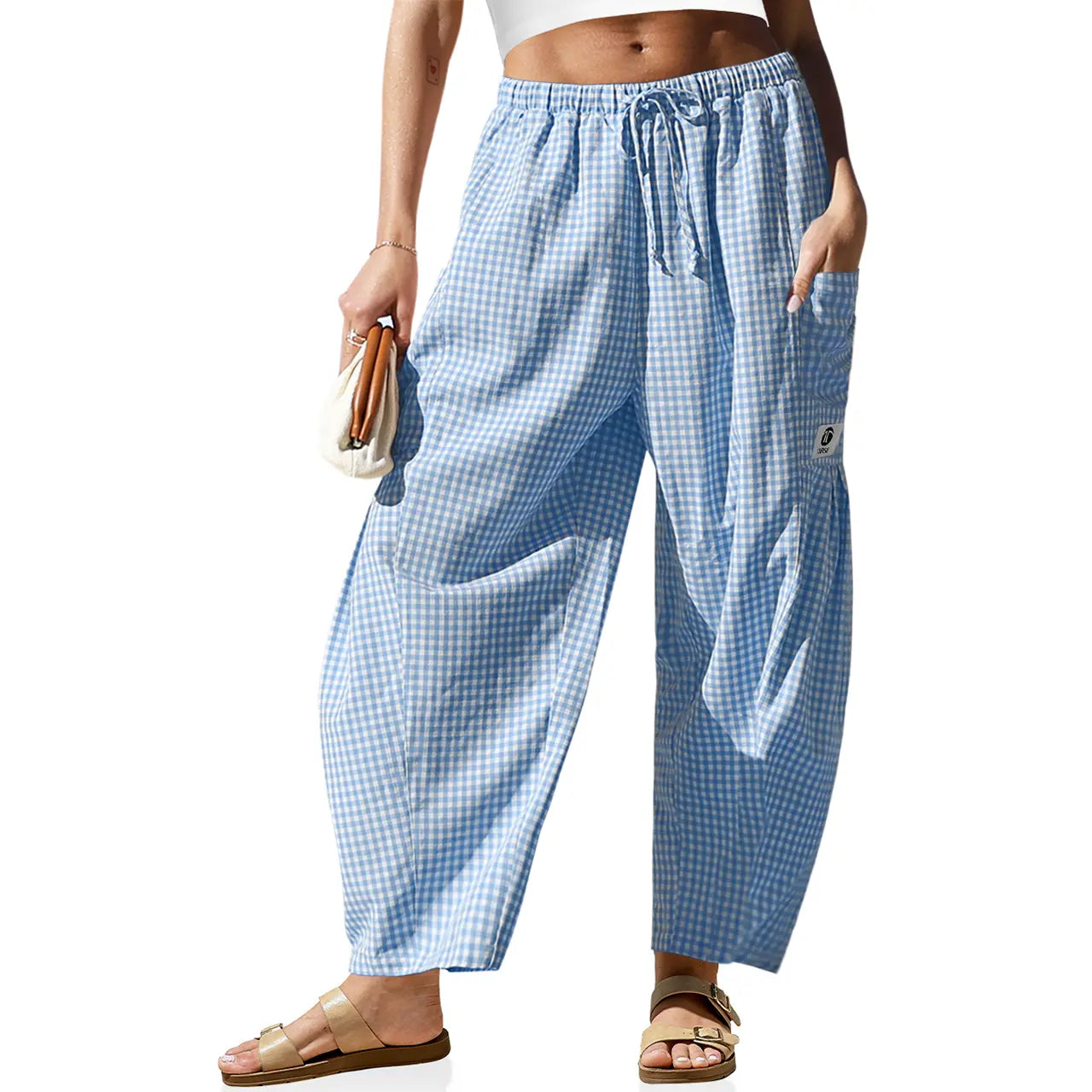 【SS26 Kollektion】Damen Weite Hose Gestreifte Karohose Freizeit Barrel Loose Kordelzug Niedrige Taille Palazzo Haremshose mit Taschen