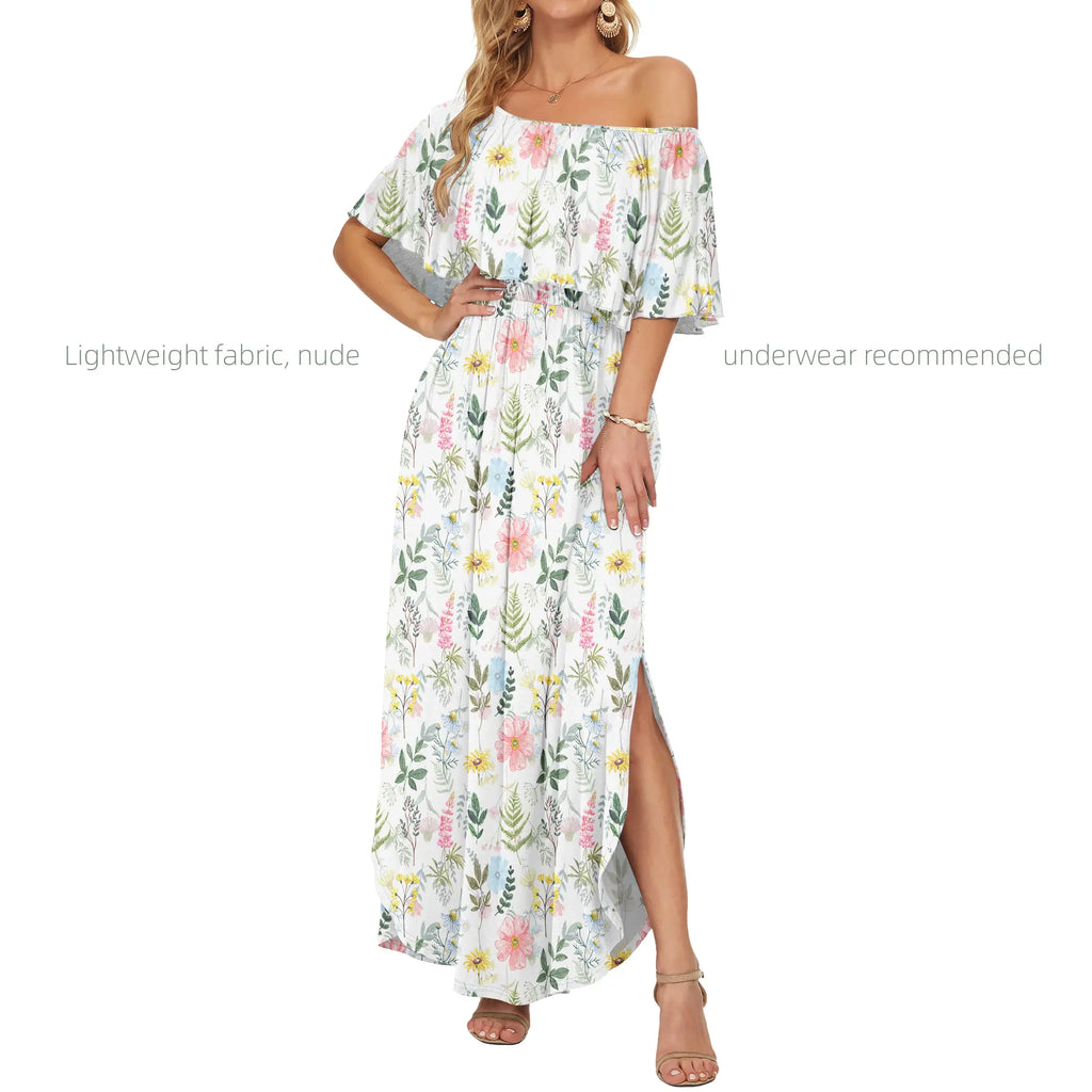 Women's Plus Size Off The Shoulder Dress Wedding Guest Dress Summer Casual Long Ruffle Party Side Split Beach Maxi Dresses with Pockets