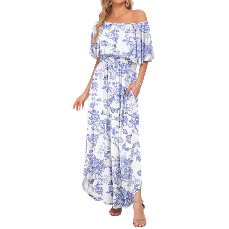 Women's Plus Size Off The Shoulder Dress Wedding Guest Dress Summer Casual Long Ruffle Party Side Split Beach Maxi Dresses with Pockets