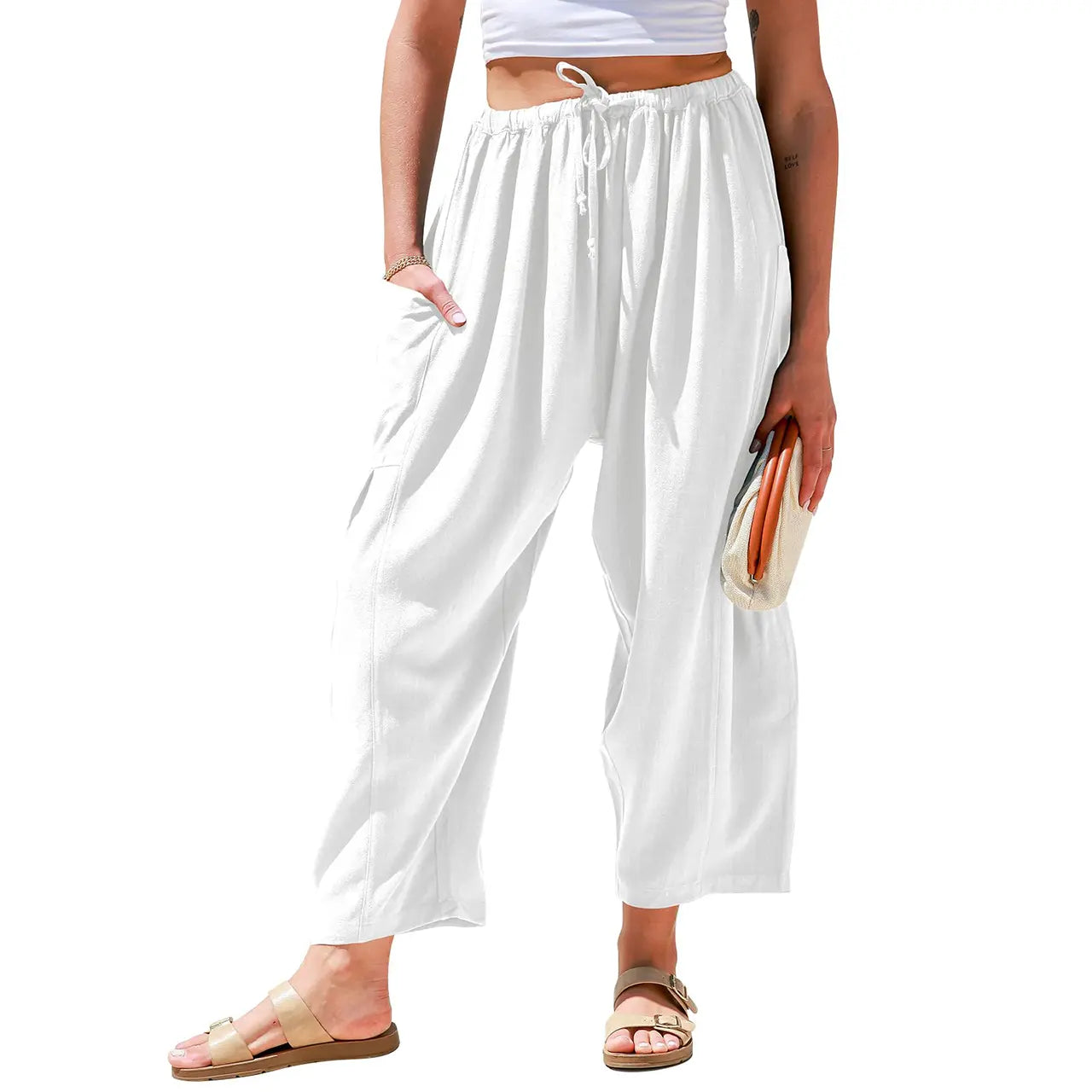 TARES Womens Linen Blend Wide Leg Pants Oversize Casual Loose Fit Beach Palazzo Harem Pants with Pockets Vacation summer outfits Womenswear