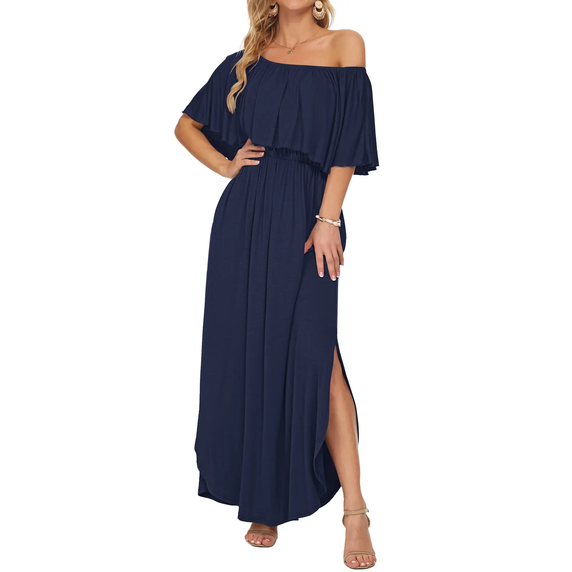 Women's Plus Size Off The Shoulder Dress Wedding Guest Dress Summer Casual Long Ruffle Party Side Split Beach Maxi Dresses with Pockets