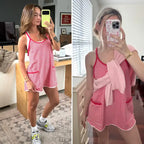 Tanming Damen Ärmelloses Sommerkleid zum 4. Juli, V-Ausschnitt, gestreiftes sportliches Minikleid mit integrierten Shorts – Fitnesskleidung, Athleisure, Strandoutfits, Sommerkleider