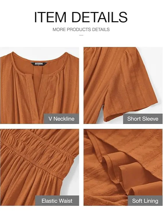 Women's Summer 2026 Casual Maxi Dress Lightweight Short Sleeve V Neck Boho Dress with Pockets