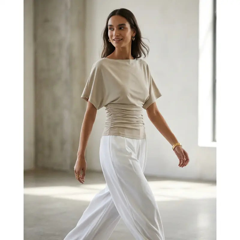 OGL Effortless Boatneck Batwing Sleeve Side Ruched Top - Stylish & Comfortable Women's Fashion baju kelawar outfit Quiet Luxury Essential cute spring clothes women's summer tops tiktokshopmemorialday summerwins