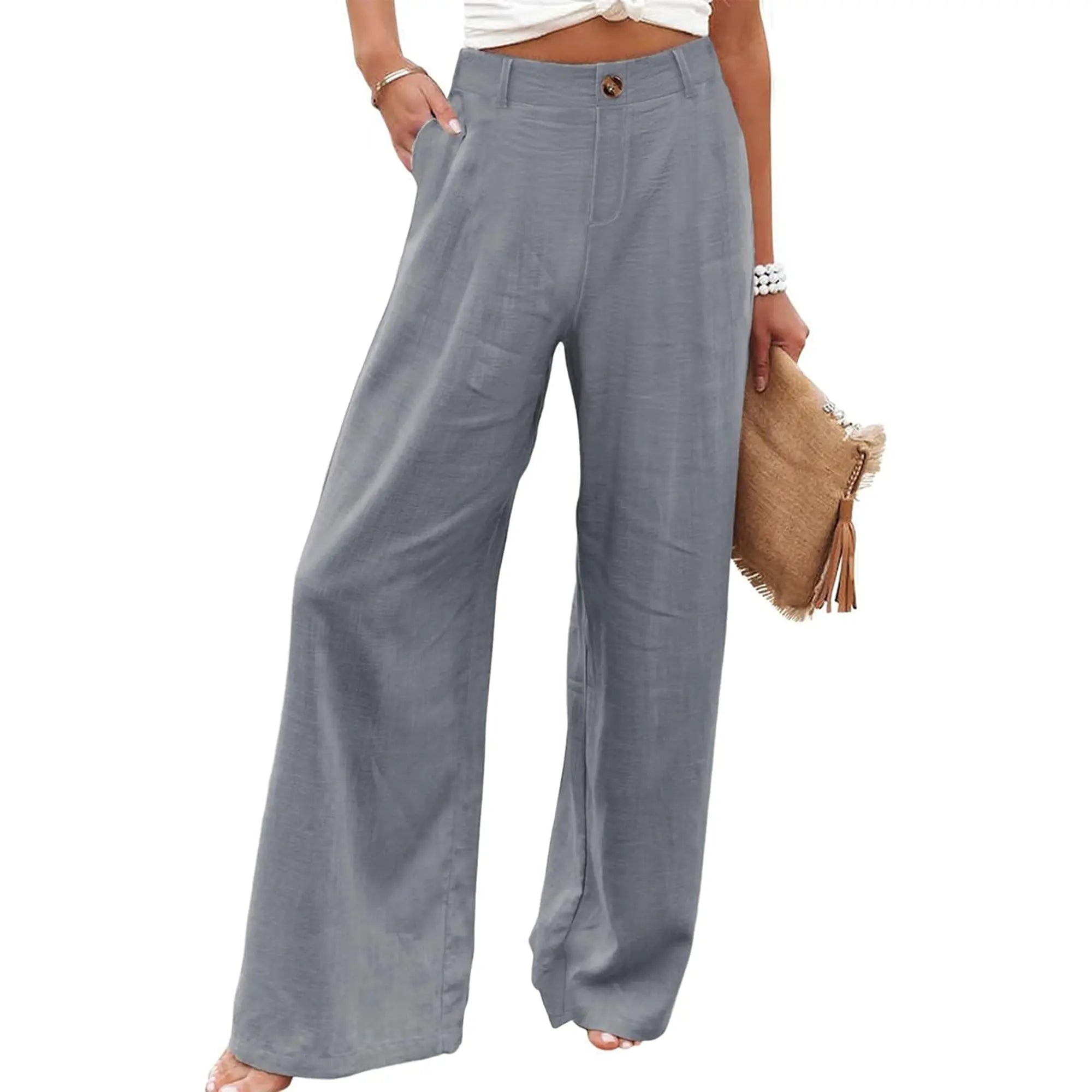 Tanming Damen Baumwoll-Leinen-Hose Freizeit-Knopfhose mit hoher Taille Weites Bein Hose Minimalistisch Basic Atmungsaktiver Stoff Lässige Weite Bequeme Sommer Strandhose,summerwins