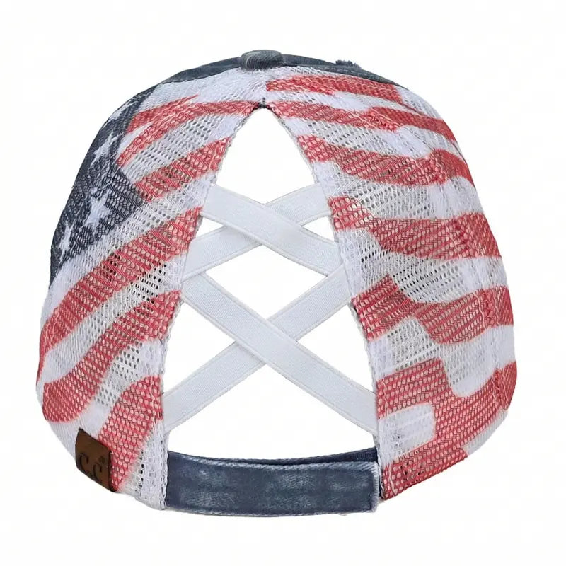 C.C Patriotic Adjustable Women’s Baseball Cap Cotton Brushed Embroidered Hat with Criss-Cross Elastic Band American Flag Mesh Back Durable Accessory Fit Perfect for Memorial day and July 4th
